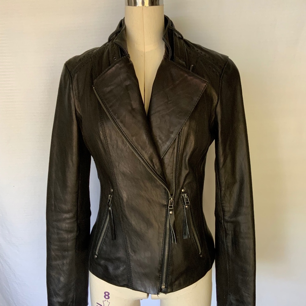 Michael Kors Black Leather Double Breasted Zippered Jacket Size S/P